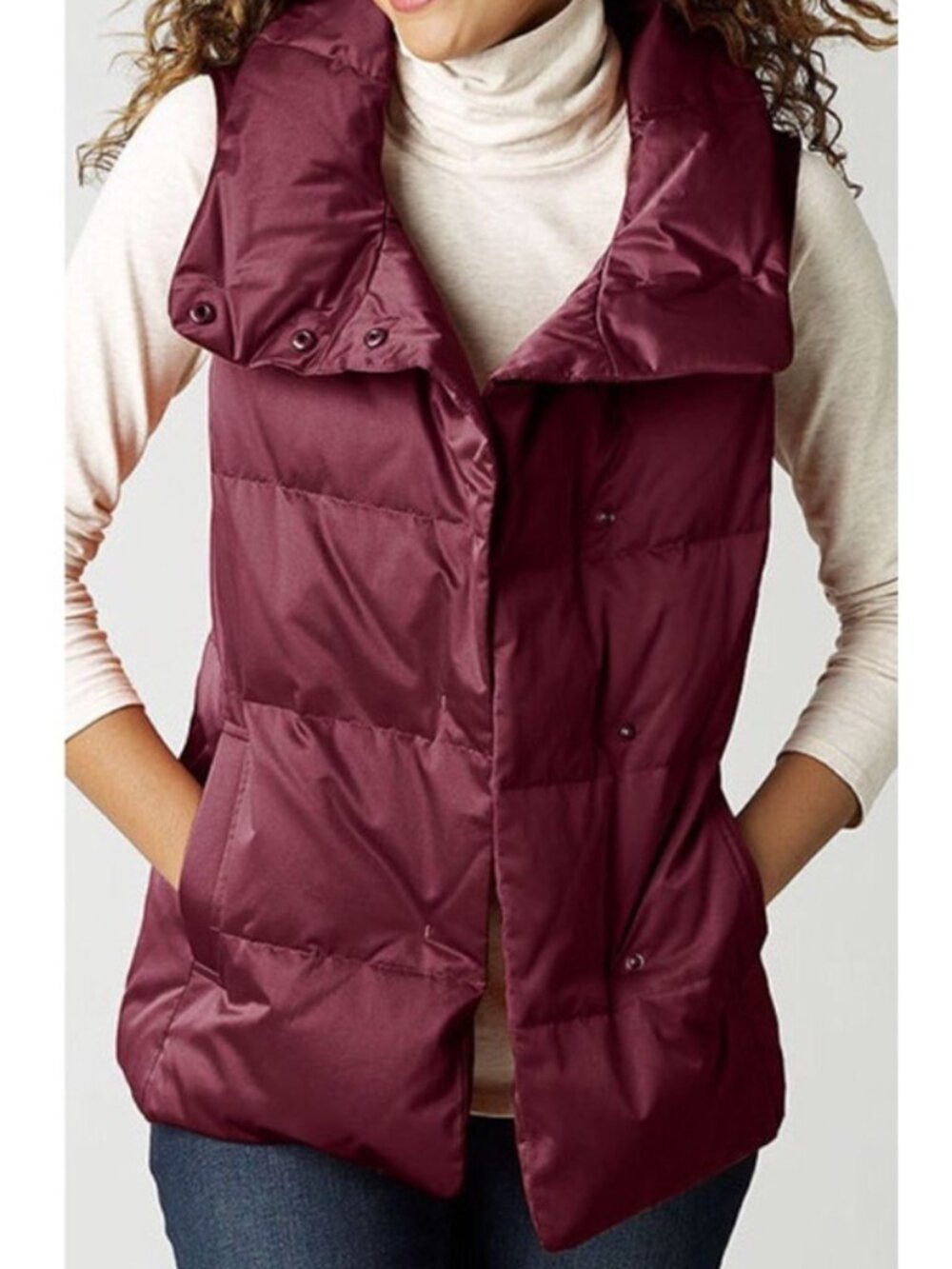 J.Jill Down-Filled Puffer Vest SP Burgundy Maroon Satin Sheen High Neck Outdoor